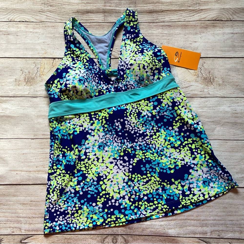 c9 Champion Tankini Swimsuit Top NWT Women’s Size Medium Blue Green White